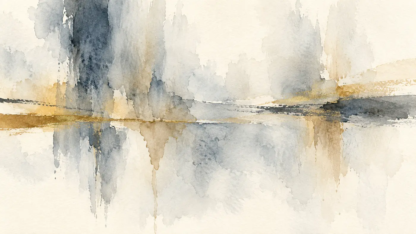 Airy abstract watercolor with blue-gray and muted-gold brushwork