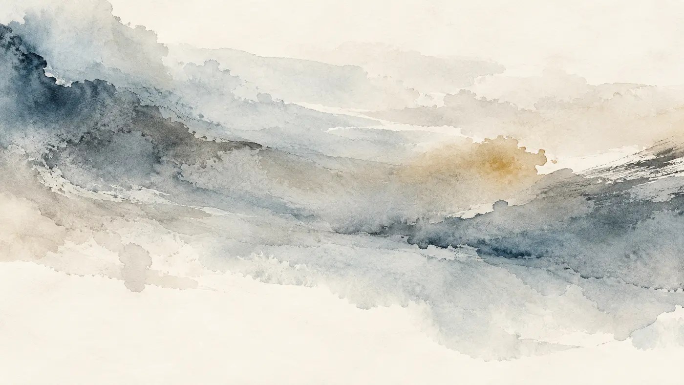 Loose abstract watercolor in blue-gray, stone, and muted gold