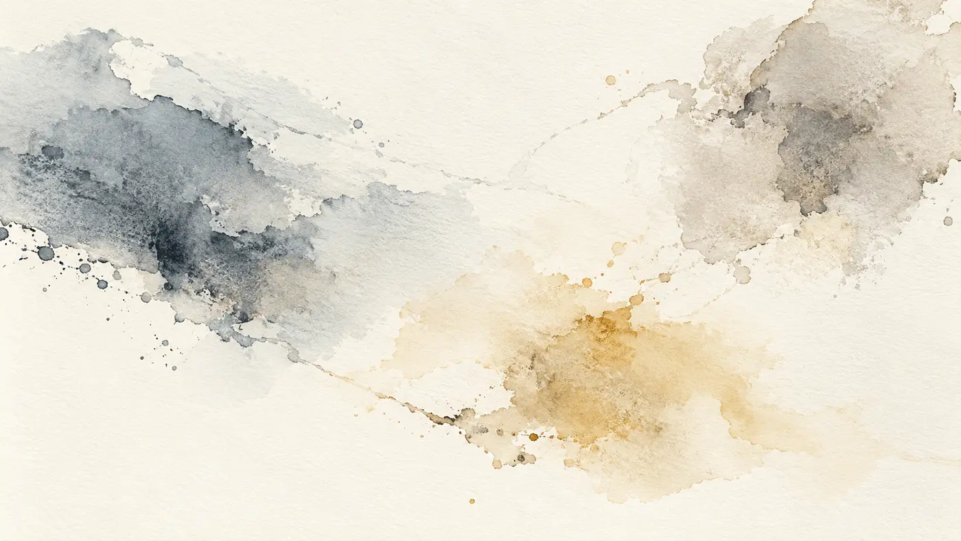 Spacious abstract watercolor in slate, warm stone, and pale ochre
